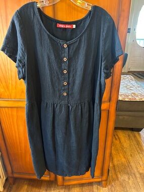 Pyne & Smith Black linen Button-Front Short Sleeve Dress